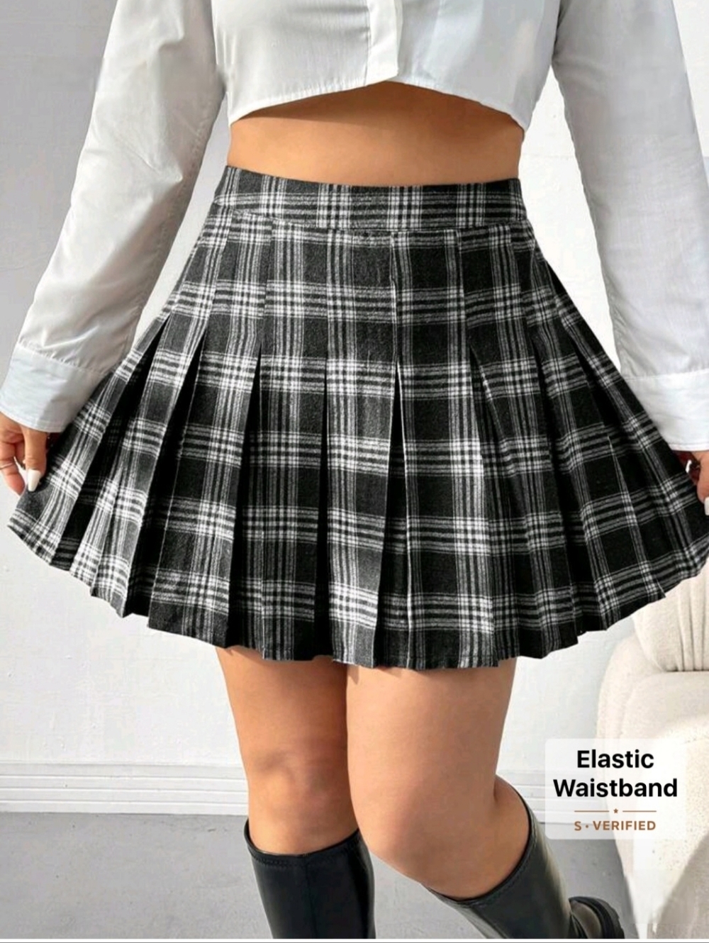 Black & White Pleated Plaid Mini Skirt